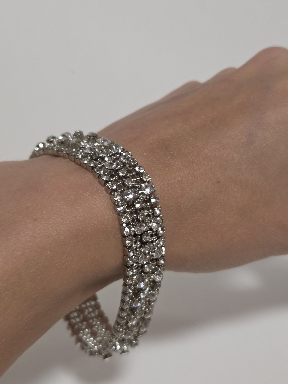 Vintage Wide Clear Rhinestone Bracelet Silver Tone Statement